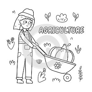 Agriculture black and white print with a cute girl farmer carrying a pumpkin in a cart
