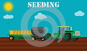 Agriculture design concept - seed planting process using a tractor and seeders. photo