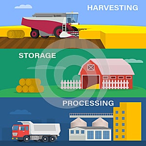 Agriculture design concept set with of the process of harvesting crops, starage and processing of factory