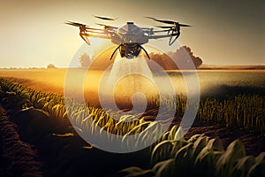 Agriculture drone fly to sprayed fertilizer on fields garden farm