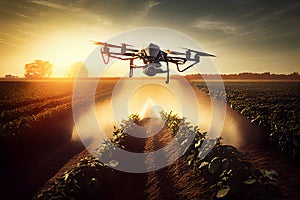 Agriculture drone fly to sprayed fertilizer on fields garden farm