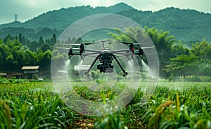 Agriculture drone fly to sprayed fertilizer on the rice fields