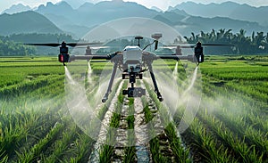 Agriculture drone fly to sprayed fertilizer on the rice fields