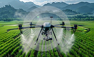 Agriculture drone fly to sprayed fertilizer on the rice fields. A drone is flying over the rice field