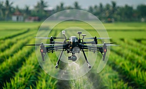 Agriculture drone fly to sprayed fertilizer on the rice fields. A drone is flying over the rice field