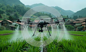 Agriculture drone fly to sprayed fertilizer on the rice fields. A drone is flying over the rice field