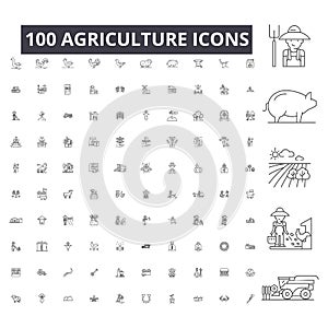Agriculture editable line icons, 100 vector set on white background. Agriculture black outline illustrations, signs