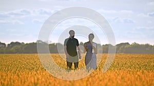 Agriculture engineer walking with female student in wheat field at summer