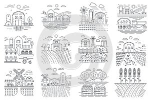 Agriculture Farm, farming fields and buildings line icons vector illustration.