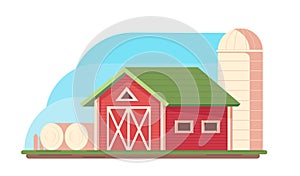 Agriculture. Farm landscape. Red barn, hopper for grain storage and harvest, silo storage and haystack.