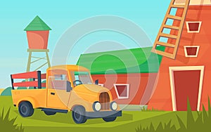 Agriculture. Farm rural landscape with orange truck, red barn, house and ranch, water tower and haystack.