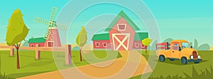 Agriculture. Farm rural landscape with orange truck, red barn, house and ranch, water tower and haystack.