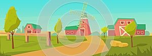 Agriculture. Farm rural landscape with red barn, house and ranch, water tower and haystack.