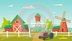 Agriculture. Farm rural landscape with red windmill and tractor