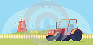 Agriculture. Farm rural landscape with red windmill, tractor and haystack.