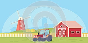 Agriculture. Farm rural landscape with red windmill, tractor and haystack.