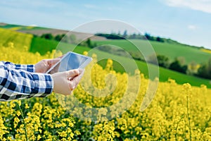 Agriculture Farmer Using Digital Tablet Examining Crops