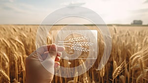 Agriculture, farming and growing grains concept. Summer wheat field and a hand holding a frosted glass card etched with wheat ears