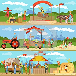 Agriculture and farming horizontal banners set, natural food farmer products, gardening, rural landscape