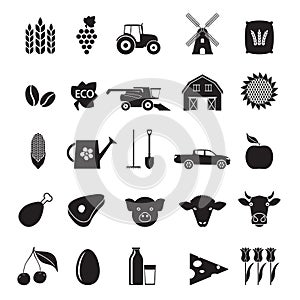 Agriculture and farming icon set. Black gardening symbols isolated on white background. Vector illustration.