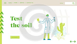 Agriculture, Farming Industry, Botany Science Landing Page. Botanist Scientist Character in Greenhouse with Test Tube