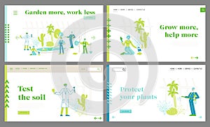 Agriculture, Farming Industry, Botany Science Landing Page Template Set. Botanist with Test Tube and Gardener