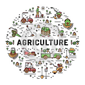 Agriculture and farming line art icons, farm infographics, gardening mock-up