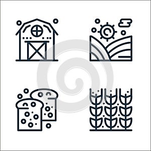 agriculture and farming line icons. linear set. quality vector line set such as wheat, bread, sunset