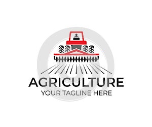 Agriculture and farming with tractor with cultivator and plow, logo design. Agribusiness, eco farm and rural country, vector desig