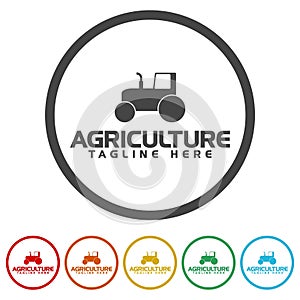 Agriculture and farming with tractor icon. Set icons in color circle buttons