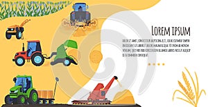 Agriculture farming vector illustration, cartoon flat process of harvesting crops on agricultural agrarian tractor or