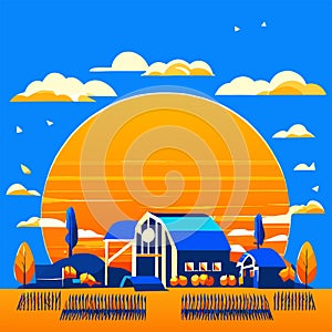 Agriculture and farming vector illustration. Rural landscape with farm house, barn, windmill, sun and clouds. AI generated