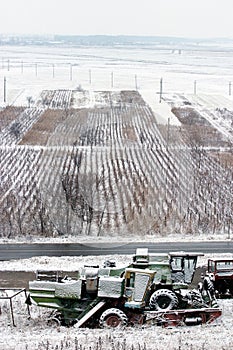 Agriculture field, vineyard and agricultural equipment garage