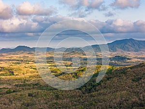 Agriculture fields from aerial with blue sky and white clouds