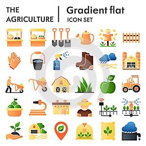 Agriculture flat icon set, farming symbols collection, vector sketches, logo illustrations, gardening signs color