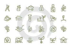 Agriculture and gardener. Set of icons. Horticulturist plant growing and care. How to grow. Sowing seeds. Vector flat