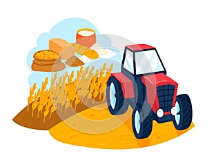 Agriculture grain harvest, tractor work for making wheat, flour, bread and food vector illustration. Cereal machinery