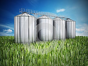 Agriculture grain silos on grass under blue sky. 3D illustration