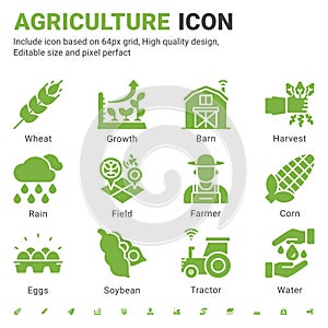 Agriculture icon set design flat style isolated on white background. Vector icon growth, farmer, fields, wheat, tractor, corn sign