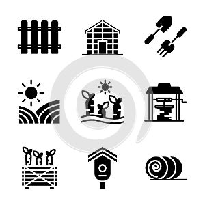 Agriculture icon set glyph style including fence,barrier,picket,wooden,glass house,building, hidroponic, farming, garden,