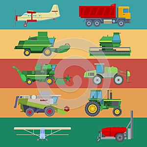 Agriculture industrial farm equipment machinery tractor combine harvesting wheel vector illustration.