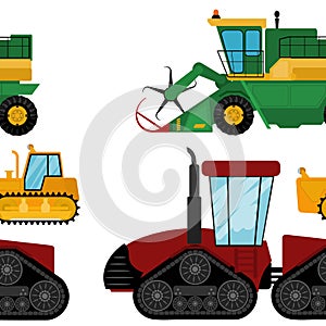 Agriculture industrial farm equipment machinery tractors combines and excavators vector illustration.