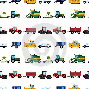 Agriculture industrial farm equipment seamless pattern background machinery tractors combines and excavators vector