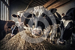 Agriculture industry concept - herd of cows eating hay in cowshed on dairy farm. AI Generation
