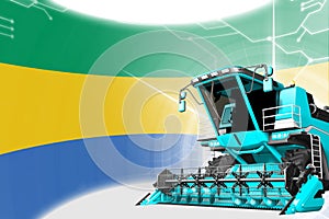 Agriculture innovation concept, blue advanced wheat combine harvester on Gabon flag - digital industrial 3D illustration