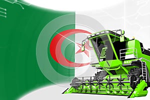 Agriculture innovation concept, green advanced wheat combine harvester on Algeria flag - digital industrial 3D illustration
