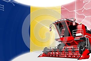 Agriculture innovation concept, red advanced farm combine harvester on Romania flag - digital industrial 3D illustration