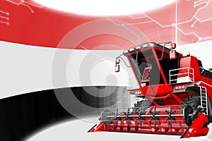 Agriculture innovation concept, red advanced rural combine harvester on Yemen flag - digital industrial 3D illustration