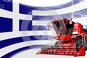 Agriculture innovation concept, red advanced rye combine harvester on Greece flag - digital industrial 3D illustration