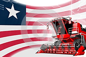 Agriculture innovation concept, red advanced rye combine harvester on Liberia flag - digital industrial 3D illustration